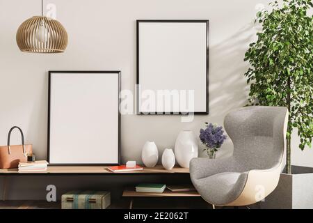 Cornice in stile scandinavo sullo sfondo degli interni, soggiorno con mobili naturali, illustrazione 3d in stile scandinavo Foto Stock