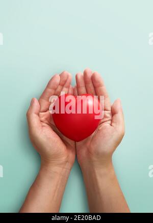 Mani adulte che tengono il cuore rosso su sfondo verde chiaro Foto Stock