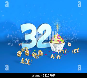 Cupcake con candela frizzante per compleanno o anniversario 32 con il grande numero in bianco con le fiamme gialle su sfondo blu. illustrazione 3d Foto Stock