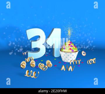 Cupcake con candela frizzante per compleanno o anniversario 31 con il grande numero in bianco con le fiamme gialle su sfondo blu. illustrazione 3d Foto Stock