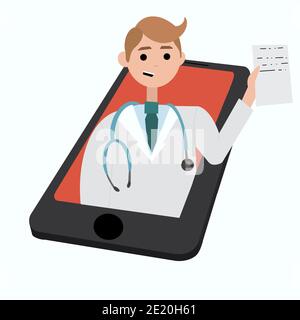 Medico con concetto di consultazione medica online, servizi sanitari a distanza, chiedere un medico. Medico maschile sullo schermo dello smartphone con elenco di prescrizione. Foto Stock