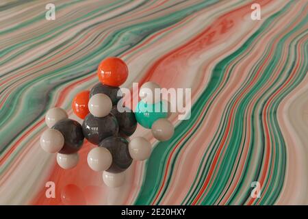 Molecola aminoacidica valina (l-valina, Val, V). Rendering 3D. Modello molecolare a sfera scalata mostrato fluttuante appena sopra una superficie di vernice liquida. Colore cod Foto Stock