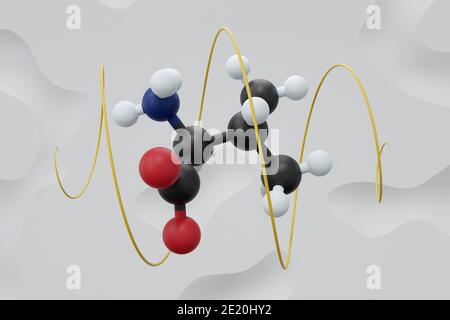 Molecola aminoacidica valina (l-valina, Val, V). Rendering 3D. Gli atomi sono indicati come sfere con codifica cromatica convenzionale: Bianco idrogeno, nero carbonio, Foto Stock