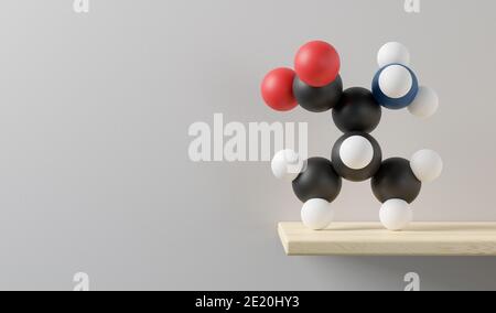 Molecola aminoacidica valina (l-valina, Val, V). Rendering 3D. Gli atomi sono indicati come sfere con codifica cromatica convenzionale: Bianco idrogeno, nero carbonio, Foto Stock