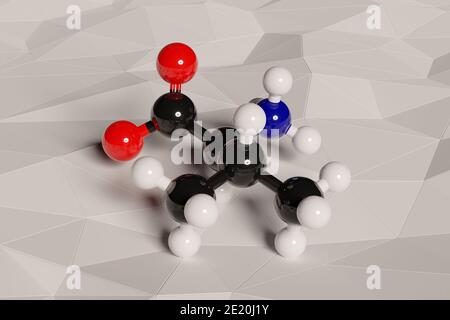Molecola aminoacidica valina (l-valina, Val, V). Rendering 3D. Gli atomi sono indicati come sfere con codifica cromatica convenzionale: Bianco idrogeno, nero carbonio, Foto Stock