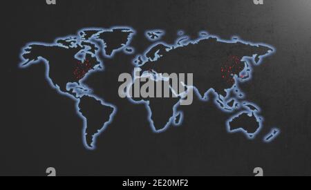 Una mappa del mondo piatta con i bordi azzurri dei mezzitoni accesi uno sfondo nero testurizzato che mostra particelle rosse di virus corona che iniziano per spargere attraverso l'erba Foto Stock
