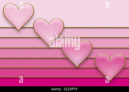 Illustrazione astratta dello sfondo di strati di carta rosa sovrapposta con cuori orlati con glitter oro Foto Stock