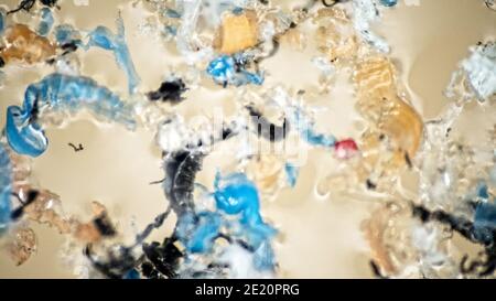 Plastica entra nel bacino di acqua e progressivamente distrutte dalle onde e sun. Le particelle di plastica si accumulano nei campi e grumi sulla superficie di acqua e in t Foto Stock