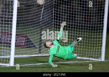 Newport, Galles del Sud, Regno Unito. 10 gennaio 2021. Newport, Regno Unito. 10 gennaio 2021. Jason Steele, il portiere di Brighton & Hove Albion in azione durante la punizione shootout.The Emirates fa Cup, terza partita, Newport County contro Brighton & Hove Albion alla Rodney Parade di Newport, Galles del Sud domenica 10 gennaio 2021. Questa immagine può essere utilizzata solo per scopi editoriali. Solo per uso editoriale, è richiesta una licenza per uso commerciale. Nessun utilizzo nelle scommesse, nei giochi o nelle pubblicazioni di un singolo club/campionato/giocatore. pic di Andrew Orchard/Andrew Orchard sport photography/Alamy Live news Credit: Andrew Orchard sports phot Foto Stock