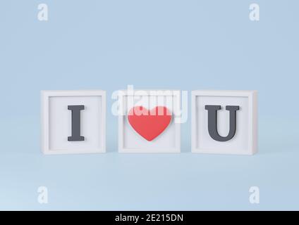 I Love U parole in Cube su sfondo blu. Concetto Happy San Valentino. Rendering 3d. Foto Stock