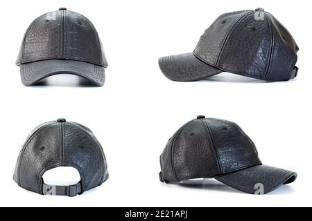 Collezione di cappelli da baseball in pelle nera isolati su sfondo bianco, concetti di bellezza, moda e oggetto sportivo. Foto Stock