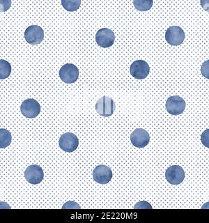 Polka dot blu navy indaco motivo senza cuciture acquerello. Cerchi astratti di colore acquerello su sfondo bianco. Texture rotonda disegnata a mano. Stampa Foto Stock