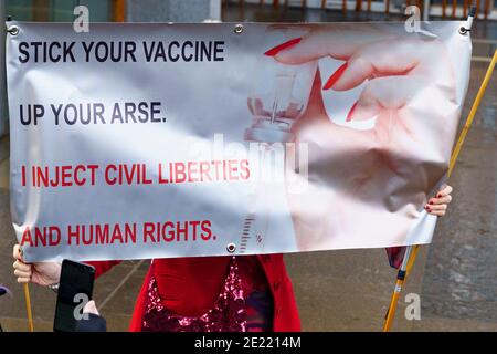 Edimburgo, Scozia, Regno Unito. 11 gennaio 2021. Il manifestante è stato arrestato oggi in scene violente durante la manifestazione anti-blocco al Parlamento scozzese di Edimburgo. Hanno preso parte diversi manifestanti, ma una presenza pesante e aggressiva della polizia ha impedito la dimostrazione e ha programmato la marcia a Bute House. Durante il blocco nazionale del Covid-19 tali proteste sono illegali e la polizia ha consigliato alle persone di non partecipare alla manifestazione. PIC; la donna ha un banner anti-vaccinazione. Iain Masterton/Alamy Live News Foto Stock