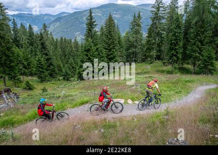 Famiglia di mountain bike a bordo delle loro mountain bike in discesa attraverso la foresta in estate, Carinzia / Kärnten, Austria Foto Stock