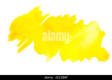 Acquerello giallo blot su sfondo bianco isolato. Foto Stock