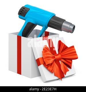 Pistola termica all'interno della confezione regalo, concetto attuale. Rendering 3D isolato su sfondo bianco Foto Stock