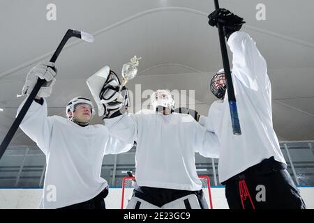 Gruppo di giovani giocatori di hockey in uniforme sportiva, guanti e caschi protettivi che tengono i bastoni e la coppa del vincitore mentre si trova davanti alla macchina fotografica Foto Stock