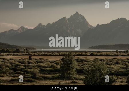 Willow Appartamenti con Grand Teton in lontananza su hazy giorno d'estate Foto Stock