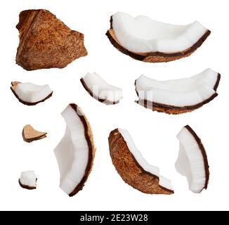 Pezzi di cocco isolati su sfondo bianco Foto Stock