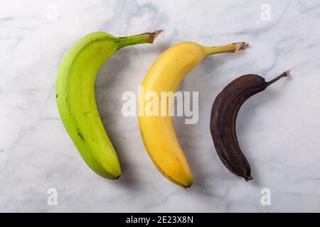 Processo di maturazione della banana che mostra una banana fresca da verde a gialla a sinistra, una banana gialla maturata ottimale al centro e una banana stantia che si trasforma Foto Stock