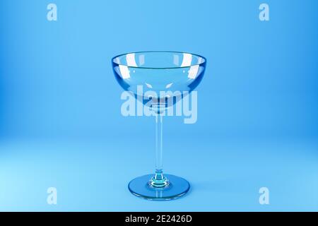 illustrazione in 3d di un calice martini su sfondo blu. Immagine realistica in vetro Foto Stock