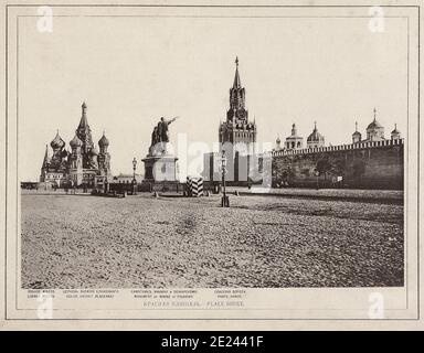 Vista del Cremlino di Mosca, la Cattedrale di San Basilio (Cattedrale di Vasily beata) e il monumento a Minin Pozharsky e. Xix secolo, Mosca, Foto Stock