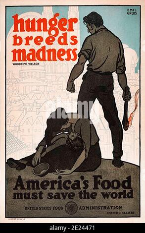 Manifesto americano di propaganda. La Fame Alimenta La Follia. Di Emil Grebs. 1918 Foto Stock