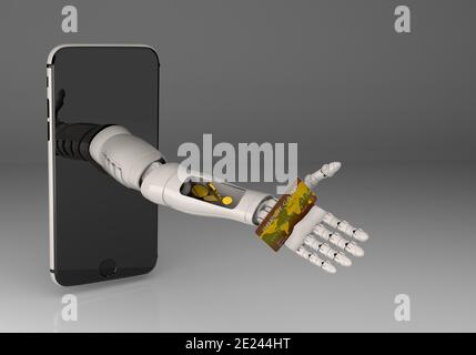 Rendering 3D di uno smartphone con la mano di un robot in arrivo con monete d'oro e una carta di credito Foto Stock