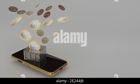 Rendering 3D delle monete di trasferimento di denaro di uno smartphone in grigio arretramento Foto Stock
