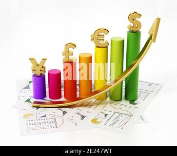 Freccia crescente e grafico con simboli di dollaro, euro, sterlina e yen. Illustrazione 3D. Foto Stock