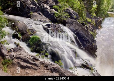 Il fiume di montagna scorre sopra le rocce nella foresta Foto Stock