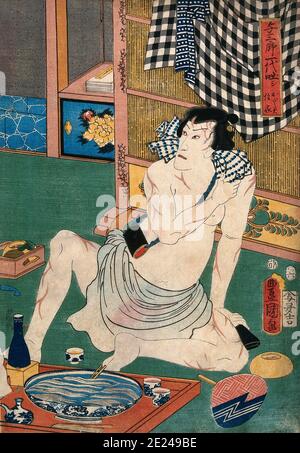 Giappone: 'Attore Ichikawa Danjuro VIII (1823-1854) in un panno di legno', stampa a blocchi di Utagawa Kunisada (1786-1865), 1857. Ichikawa Danjūrō è stato un attore giapponese della prestigiosa linea Ichikawa Danjūrō. Utagawa Kunisada, conosciuto anche come Utagawa Toyokuni III, fu il più popolare e prolifico designer di stampe in blocchi di legno Ukiyo-e durante il Giappone del XIX secolo. La sua reputazione e il suo successo finanziario hanno superato di gran lunga quelli dei suoi compagni contemporanei. Foto Stock