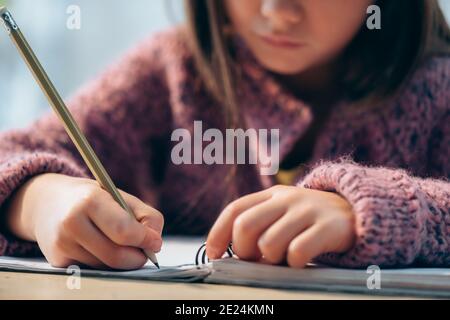 Vista ritagliata di ragazza con scrittura a matita in notebook su sfondo sfocato Foto Stock