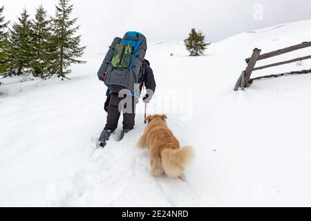 Escursionista con un cane che cammina attraverso una neve profonda dentro le montagne Foto Stock