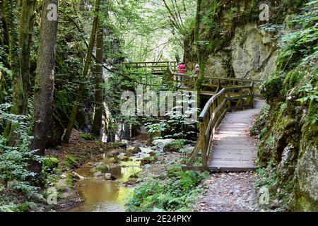 Wuerflach, Austria - 15 agosto 2019: Donna anziana non identificata a piedi attraverso la gola di Johannesbach, un piccolo paradiso naturale nella bassa Aust meridionale Foto Stock