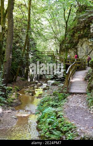 Wuerflach, Austria - 15 agosto 2019: Donna anziana non identificata a piedi attraverso la gola di Johannesbach, un piccolo paradiso naturale nella bassa Aust meridionale Foto Stock