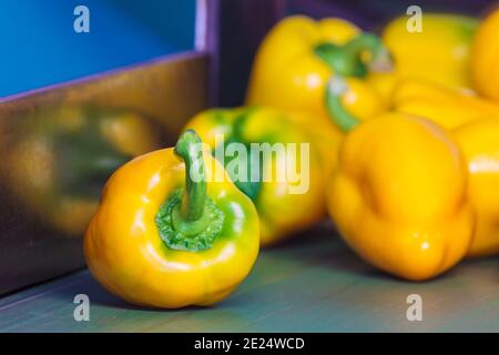 Gruppo di peperoni gialli freschi su un nastro trasportatore Foto Stock