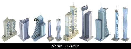 10 vista dall'alto rendering dettagliati di edifici high tech dal design immaginario con riflessi cielo nuvoloso - isolato, illustrazione 3d di grattacieli Foto Stock