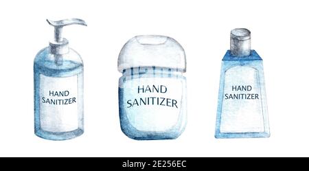 Set di colori ad acqua in gel blu igienizzante per l'igiene delle mani isolato su sfondo bianco. Illustrazione disegnata a mano con acquerello. Prevenzione del coronavirus. Foto Stock