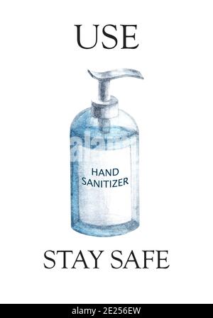 Utilizzare l'igienizzatore per le mani, poster a colori dell'acquerello, illustrazione del gel blu igienizzante per l'igiene delle mani isolato su sfondo bianco. Prevenzione del coronavirus Foto Stock