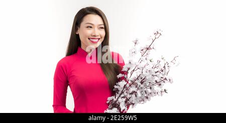 Ritratto di mani di ragazza asiatica che tengono fiorito il pesco, in tradizionale ao dai rosso in piedi su fondo piano. Foto Stock