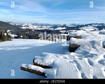 Vista sulle colline innevate e sui campi vicino a Spicle, Zug, Svizzera Foto Stock