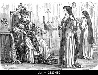 Infulfillment abate with papal Privilege and abbess in monastery, France, 1880 / Infulierter Abt mit päpstlichem Privileg und Äbtissin im Kloster, Frankreich, 1880, Historisch, storico, digitale riproduzione migliorata di un originale del 19 ° secolo / digitale Reproduktion einer Originalvollage aus dem 19. Jahrhundert, Foto Stock