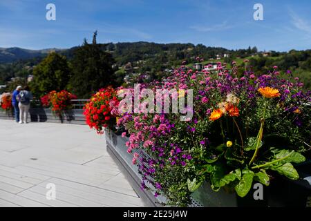 Fiori colorati nel villaggio di Saint Gervais les Bains nelle Alpi francesi. Francia. Foto Stock