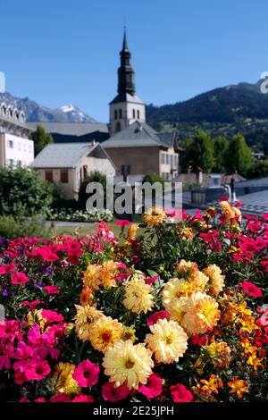 Fiori colorati nel villaggio di Saint Gervais les Bains nelle Alpi francesi. Francia. Foto Stock