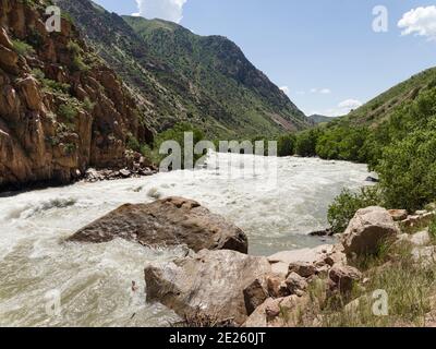 Valle del fiume Suusamyr nelle montagne di Tien Shan. Asia, Asia centrale, Kirghizistan Foto Stock