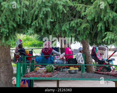 I turisti locali preparano barbecue. Riserva naturale di Sary-Chelek (Sary-Tschelek), parte del patrimonio mondiale dell'UNESCO Tien Shan occidentale. Monte Tien Shan Foto Stock