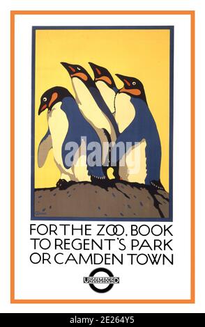 Poster di viaggio sotterraneo degli anni '20: Per lo zoo, prenota al Regent's Park o a Camden Town: Underground / C. Paine. Paine, Charles, 1895-1967, artista Data di creazione/pubblicazione: Londra : Sanders Phillips & Co. Ltd., la stampa di Baynard, 1920's (poster) : litografia, colore ; Poster pubblicitario per il trasporto sotterraneo della metropolitana che mostra i pinguini. Foto Stock