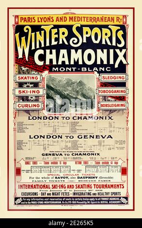 IL poster pubblicitario di CHAMONIX del 1900 sugli sport invernali d'epoca pubblicato dal PLM Paris Lyons e Mediterranean Railway e rilasciato all'estero per promuovere i suoi servizi ferroviari verso le località alpine di Chamonix, nella regione del Monte Bianco, da Londra e Ginevra, con un elenco delle attività e degli eventi invernali: Sport invernali Chamonix Mont-Blanc / Skating Sci Curling slitta slittino Tobogganing bob / tornei internazionali di sci e pattinaggio dal 3-20 gennaio 1908. Design Art Nouveau con una fotografia di Chamonix nella neve con il titolo e le informazioni sugli orari con i dettagli delle tariffe dei biglietti Foto Stock