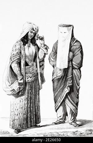 Costumi tipici delle donne persiane, uno vestito come l'harem e l'altro con un velo che copre il viso. Iran. Vecchia stampa d'antiquariato in acciaio inciso. Pubblicato in l'Univers la Perse, nel 1841. Storia dell'antico impero persiano Foto Stock